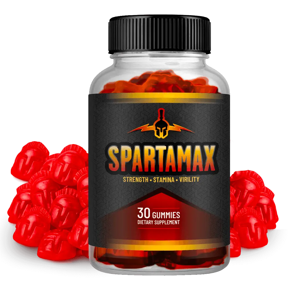 Spartamax gummies bottle with red strength-shaped gummies spilling out