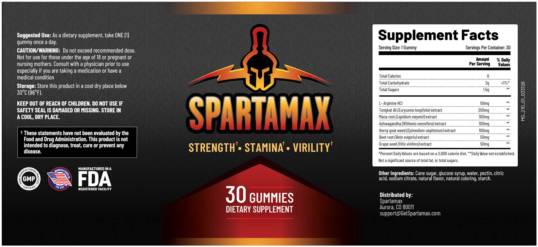 Spartamax full supplement facts label — L-Arginine HCl 50mg, Tongkat Ali 200mg, Maca Root 100mg, Ashwagandha 100mg, Horny Goat Weed 100mg, Beet Root 50mg, Grape Seed 50mg